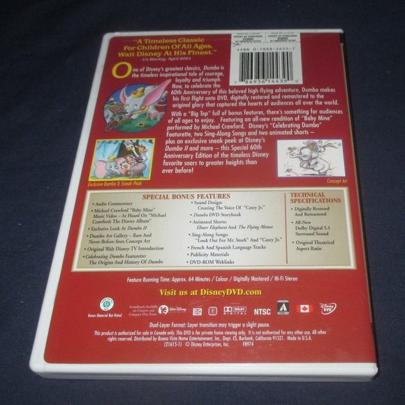 Walt Disney's Dumbo (DVD, 2001, 60th Anniversary Edition, Canadian Edition) - Picture 3 of 3